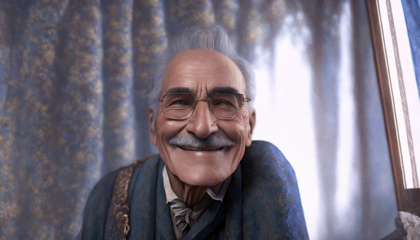 Elderly animated character with white mustache in blue vest & bowtie