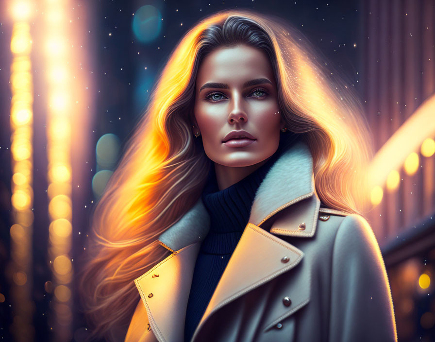 Digital portrait of woman with flowing hair and stylish coat in city night setting