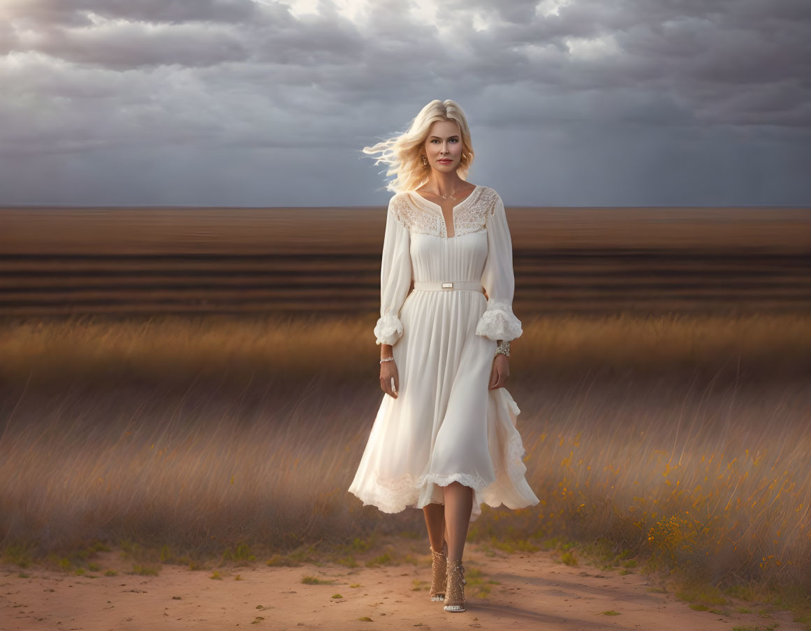 Blonde woman in flowing white dress under stormy sky