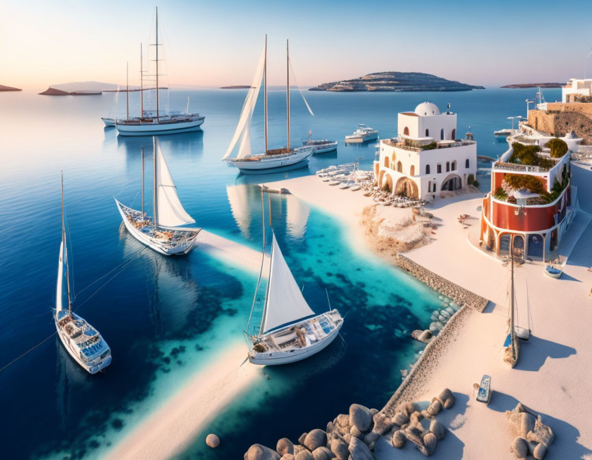 Sailboats anchored in serene Mediterranean coastal town at sunset