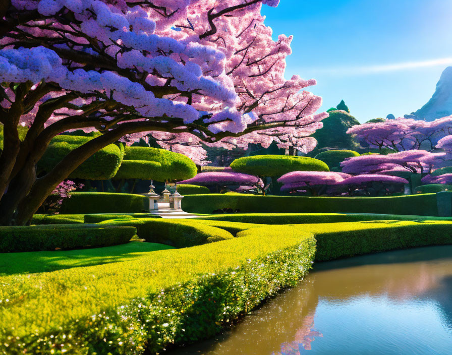 Tranquil Japanese garden with pink cherry blossoms, green hedges, and serene pond