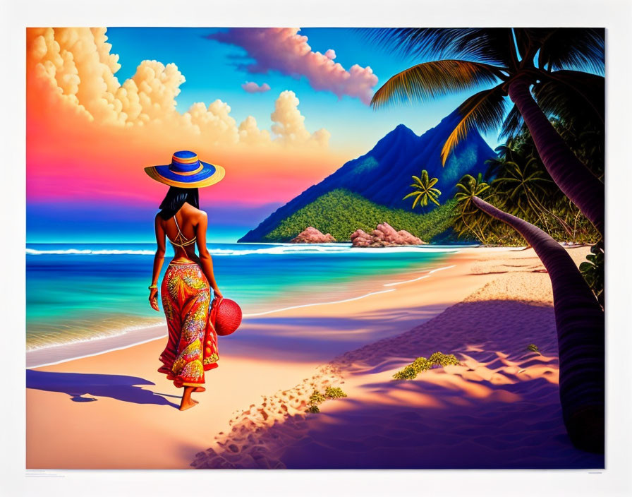 Woman in colorful skirt and wide-brimmed hat strolling on tropical beach