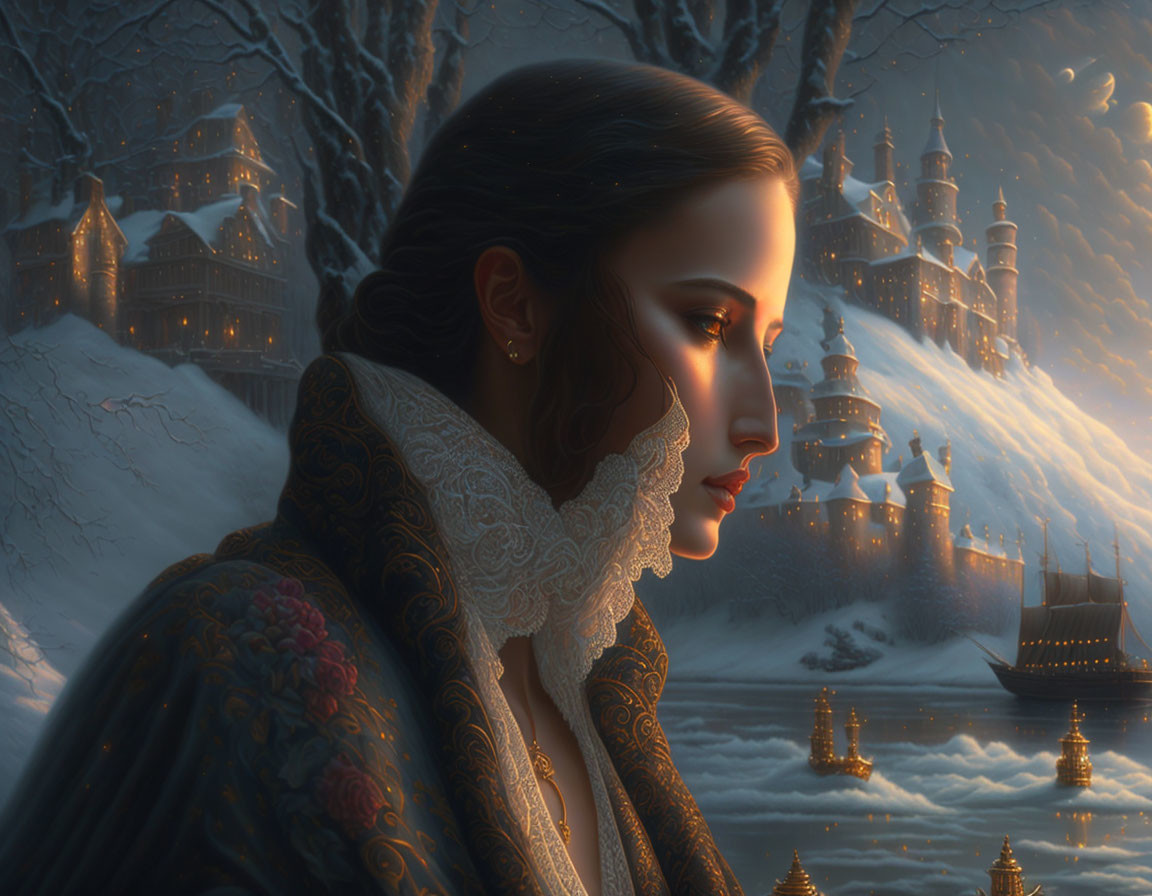 Woman in period clothing admires snowy landscape with lit-up buildings and ships