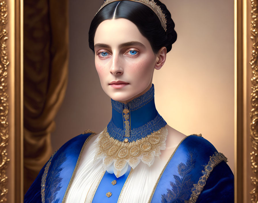 Regal woman with blue eyes in Victorian attire