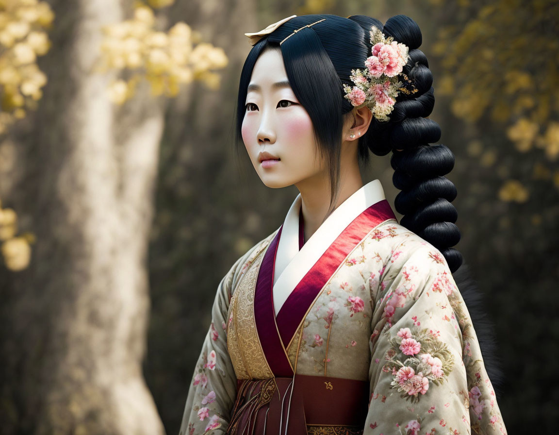 Traditional Japanese Attire Woman with Elaborate Hairstyle in Autumn Setting