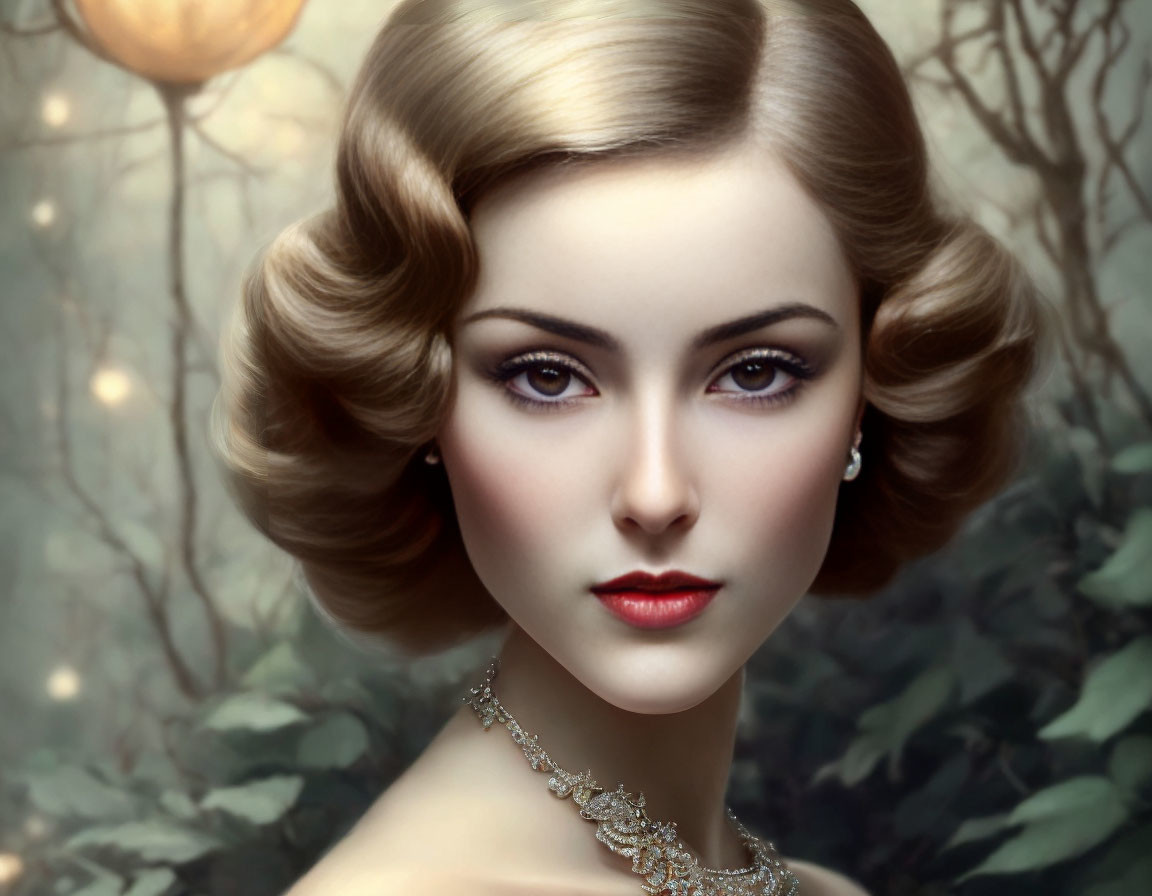 Vintage Hairstyle and Dramatic Makeup on Elegant Woman in Mystical Forest