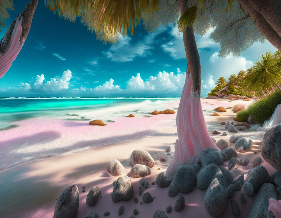 Tranquil Tropical Beach with Pink Sand and Turquoise Waters