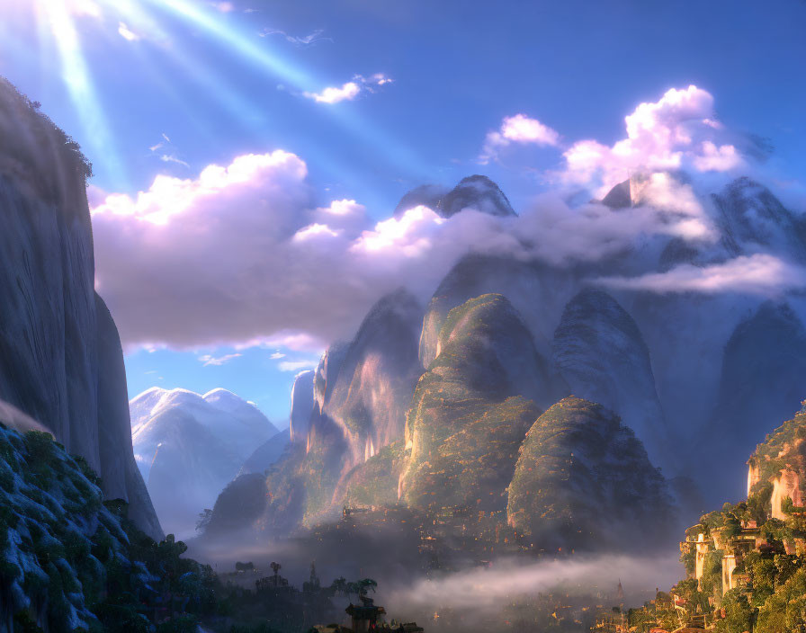 Sunrays over misty mountains and village in serene landscape