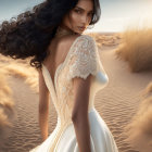 Elaborate White Gown Woman Standing in Desert Landscape