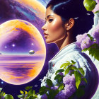 Woman's side profile with cosmic background: vibrant planets, spaceships, and space flora.