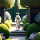 Traditional Japanese kimono and hat in serene garden setting