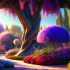 Fantasy garden with oversized flowers, spiral archway, and magical tree