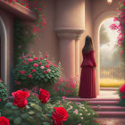 Woman in Red Dress in Lush Rose Garden with Archway