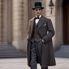 Stylish man in vintage suit and top hat with miniature version in city alley