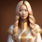 Blonde woman with Asian features in white and gold outfit