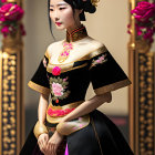 Traditional Asian attire figure with gold and floral motifs in front of pink flowers and classic columns.