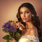 Woman with Wavy Hair Holding Flowers on Warm Background