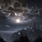 Mystical night landscape with multiple moons and silhouetted spires