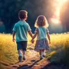 Children walking hand in hand on sunlit path among grass and flowers