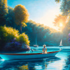 Tranquil scene: person in white boat on calm river with sunlit foliage.