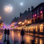 Night street scene with neon lights, pedestrians, and oversized moon.