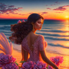 Woman in flowing dress by sea at sunset with serene expression