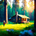 Person Walking to Cozy Cabin in Sunlit Forest Clearing