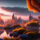 Fantastical sunset landscape with illuminated castles, rocky outcrops, water, and ancient tree