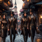 Group of four individuals in steampunk attire strolling through vintage city street