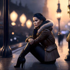 Stylish woman in coat and boots on city sidewalk at dusk