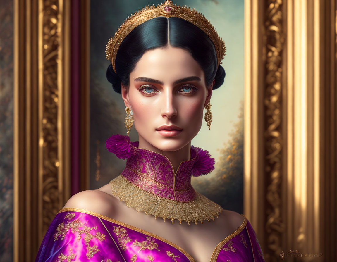 Woman with Green Eyes in Purple Dress and Tiara Near Painting