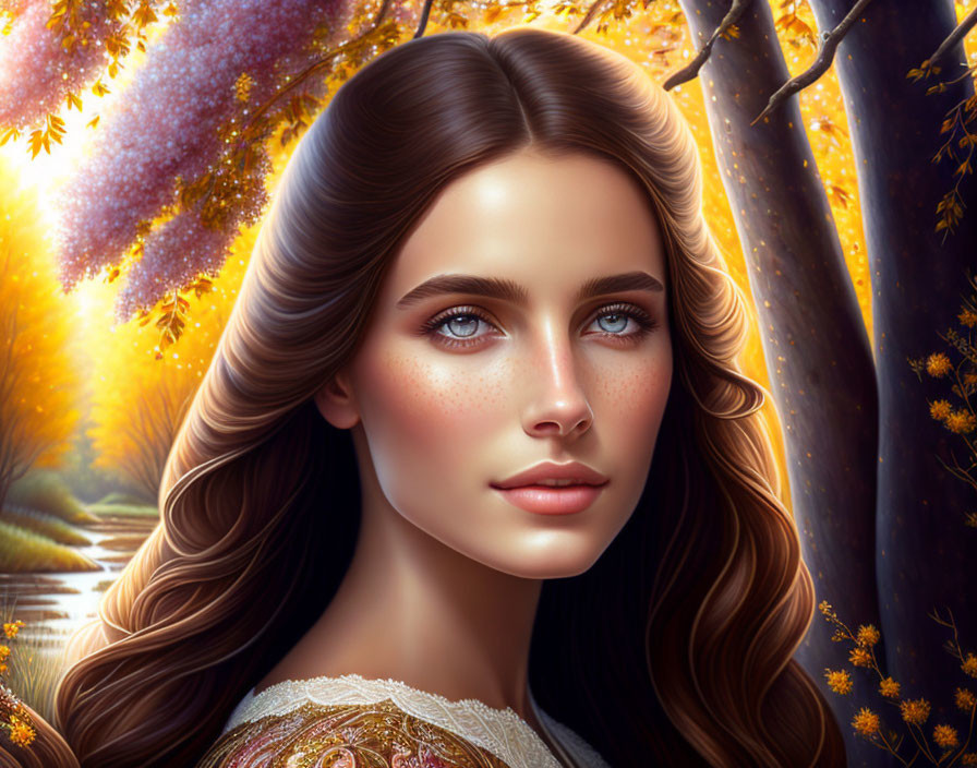 Young woman portrait with flowing hair and blue eyes in serene autumnal setting