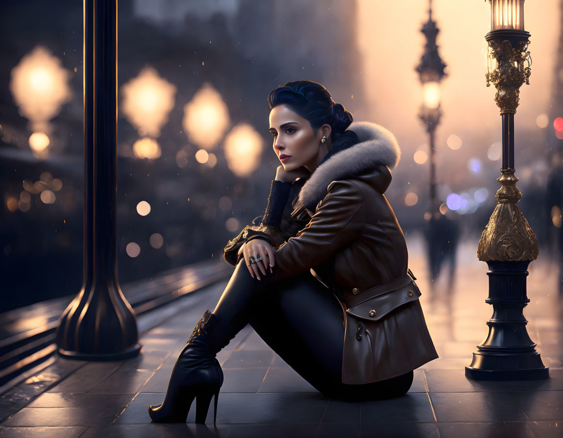 Stylish woman in coat and boots on city sidewalk at dusk