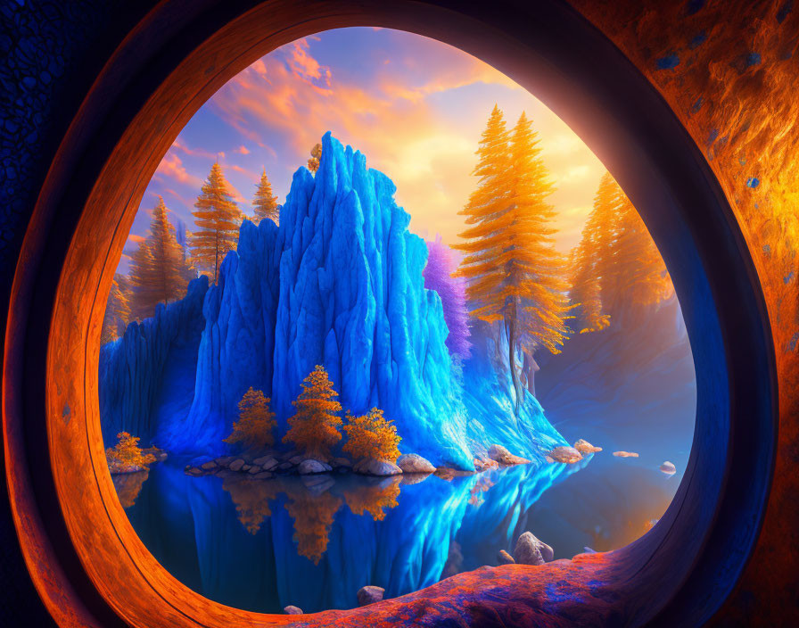 Digital artwork: Mystical landscape with fiery skies, circular portal, reflective lake, glowing trees