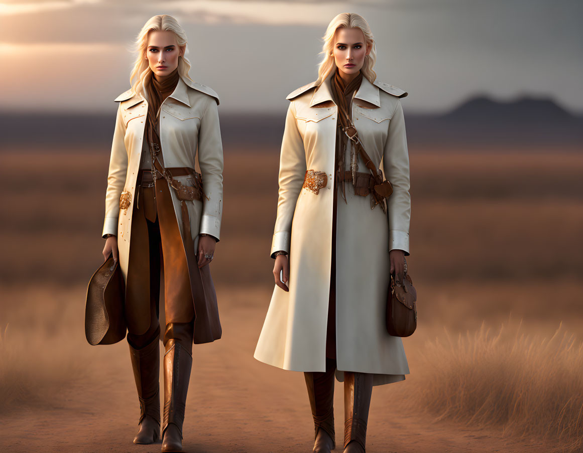 Twin models in trench coats and boots pose in desert sunset.