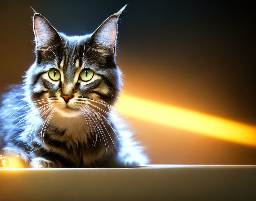 Majestic tabby cat with green eyes in golden light portrait