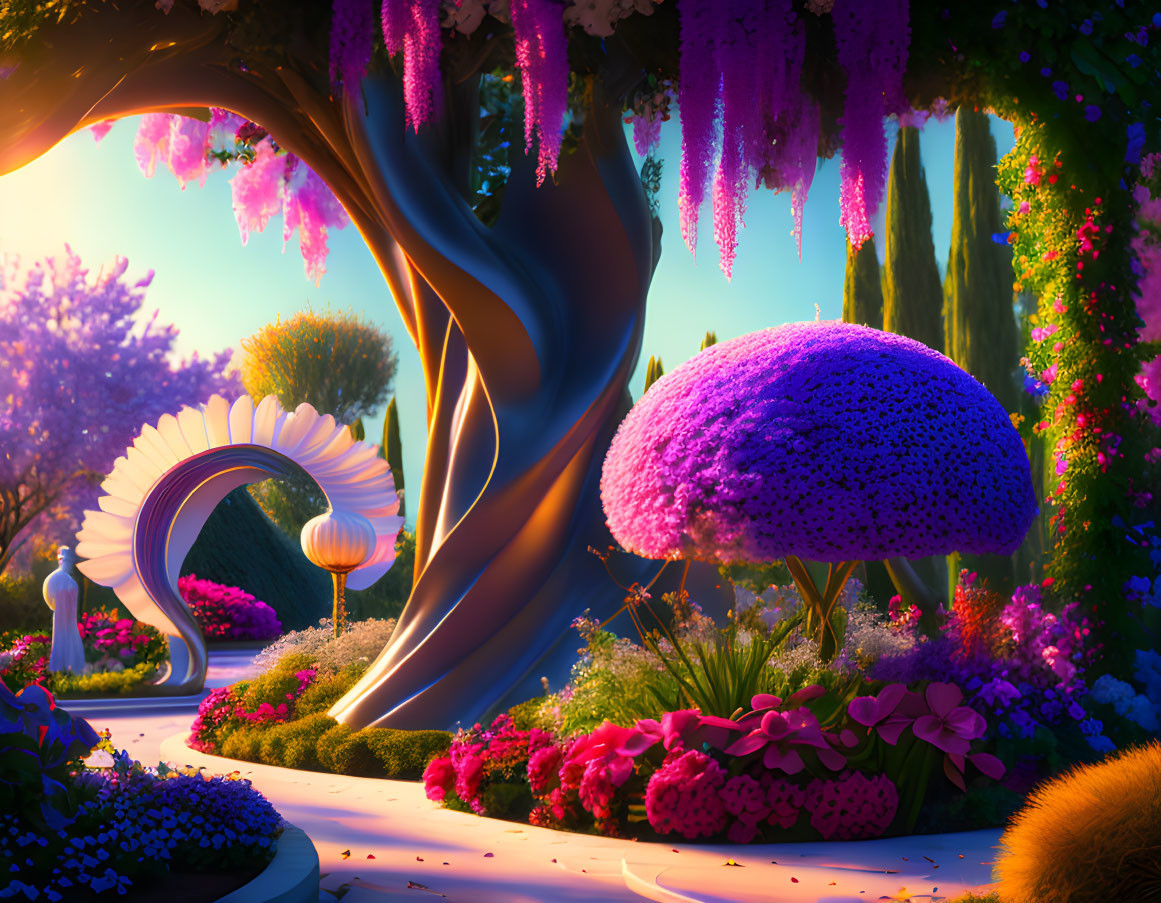 Fantasy garden with oversized flowers, spiral archway, and magical tree