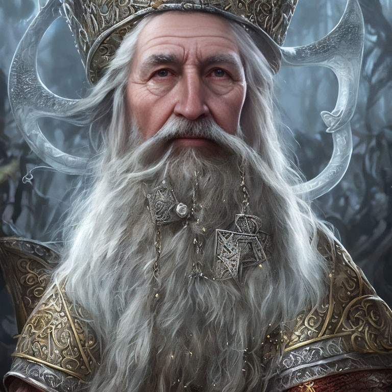 Elderly man in regal armor with white beard and crown