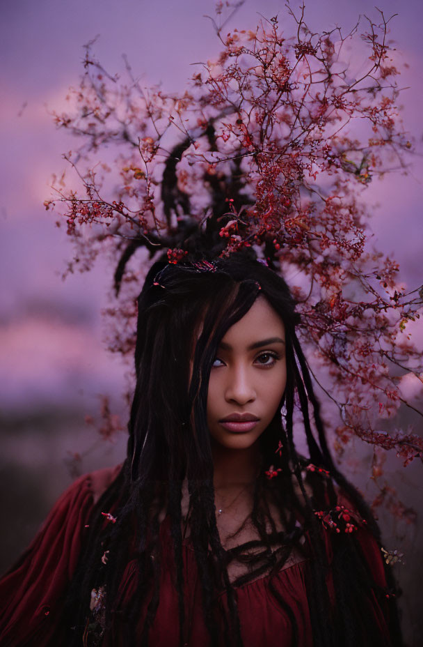 Dark-haired woman with braids and red flowers in front of purple blurred background