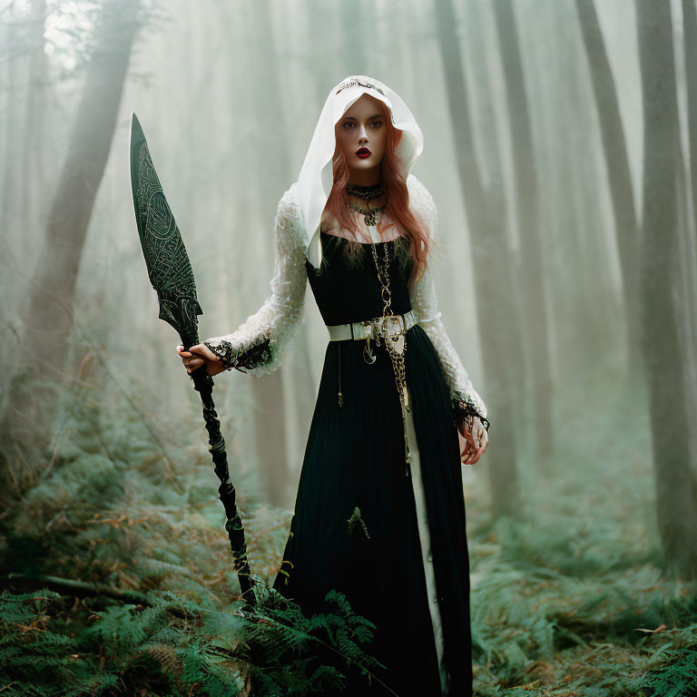 Mysterious woman in dark dress with ornate spear in misty forest