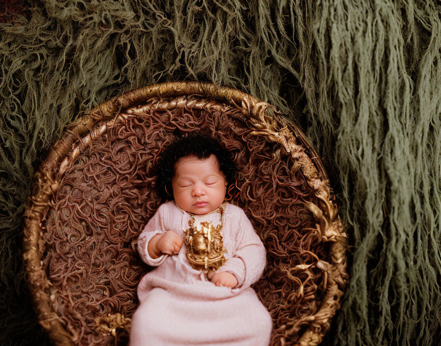 Peaceful infant sleeping in ornate basket with golden toy on dark green background