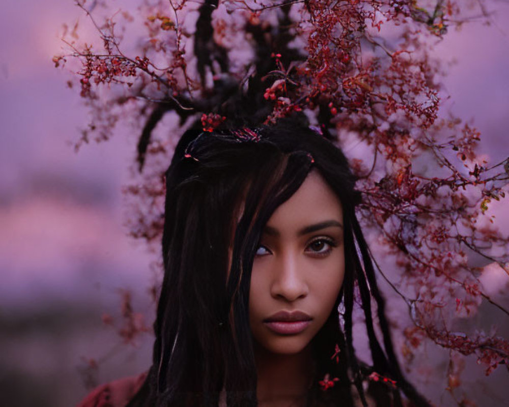 Dark-haired woman with braids and red flowers in front of purple blurred background