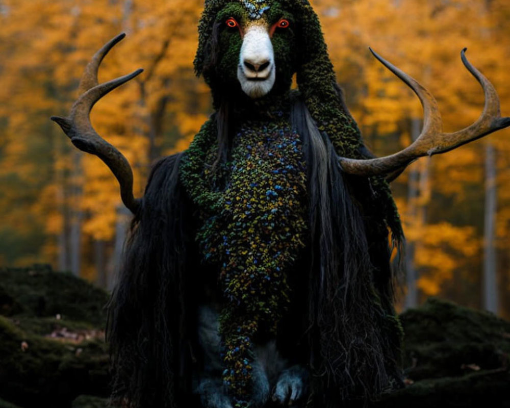 Elaborate animal-inspired costume in autumn forest setting