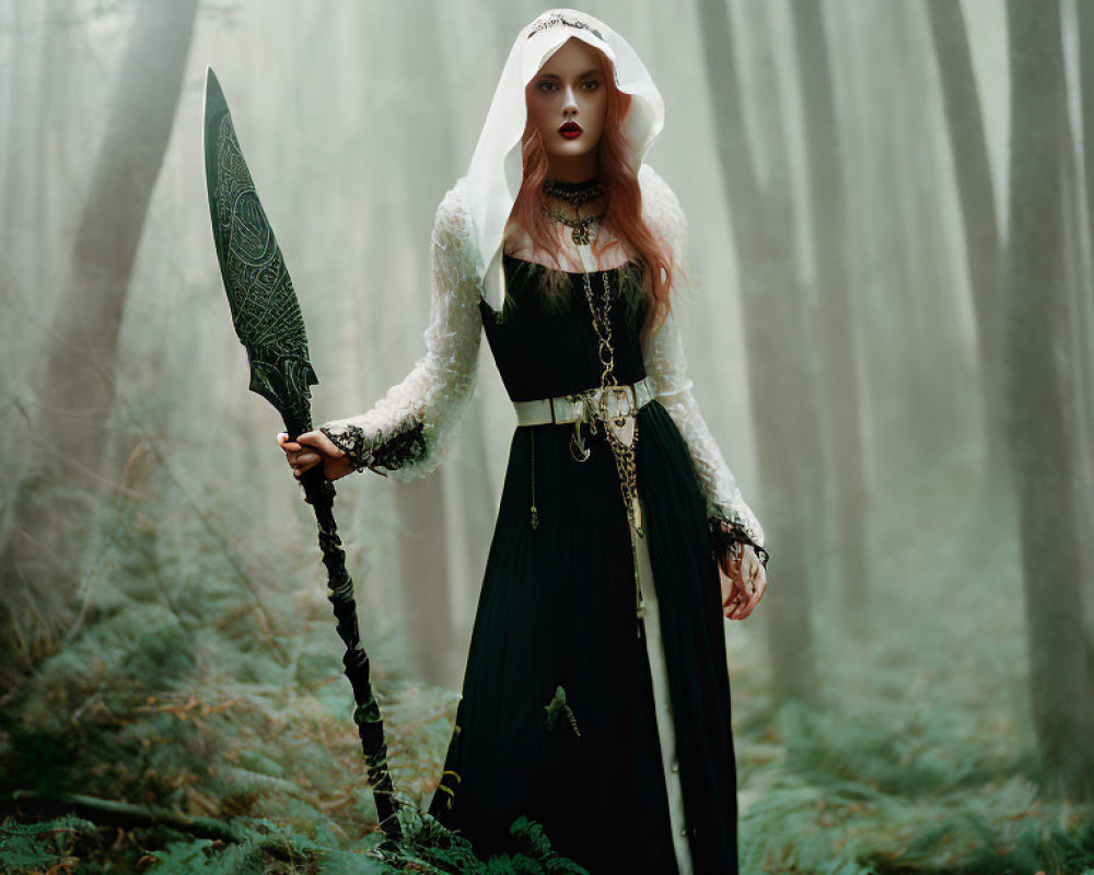 Mysterious woman in dark dress with ornate spear in misty forest