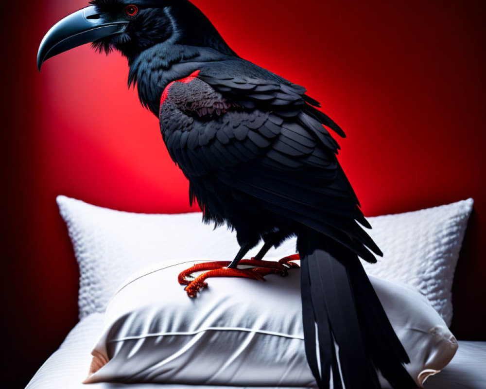 Black raven on white pillow against dark red background: glossy feathers and piercing gaze