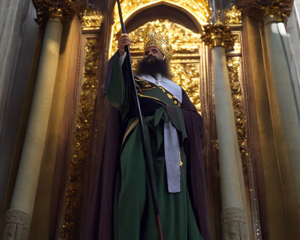 Regal bearded figure statue in green and purple robes with golden crown and scepter in ornate