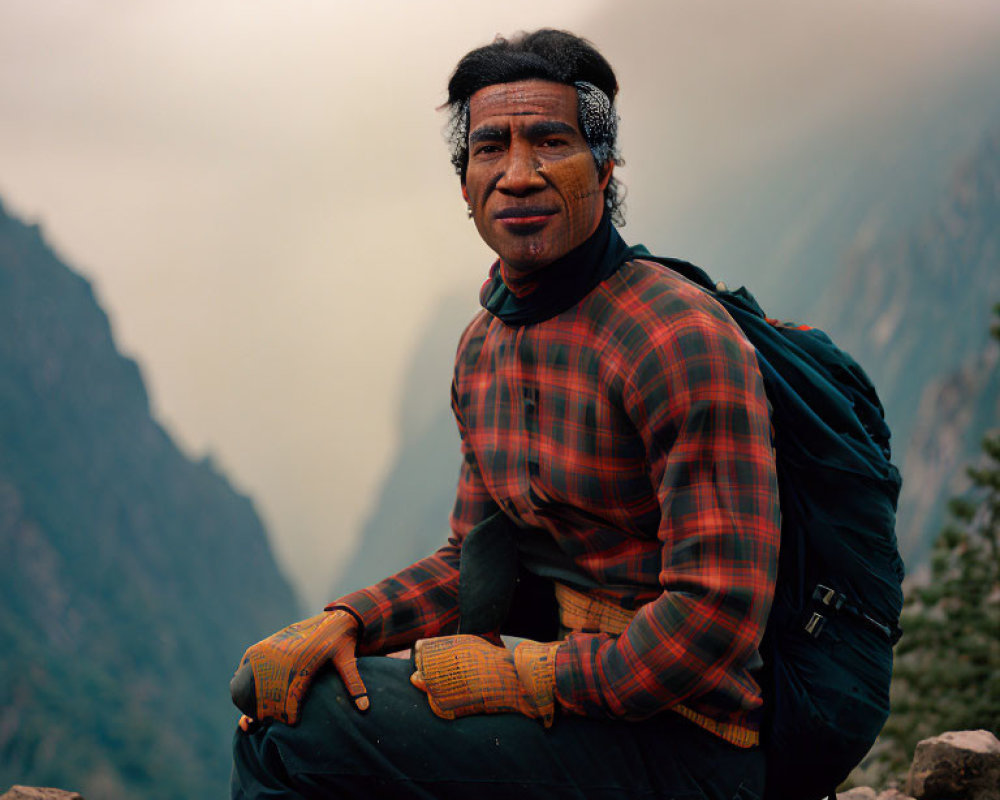 Person in Plaid Shirt Smiling Outdoors with Mountainous Background