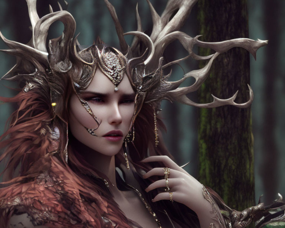 Fantasy portrait of woman with antler headpiece and armor in mystical forest