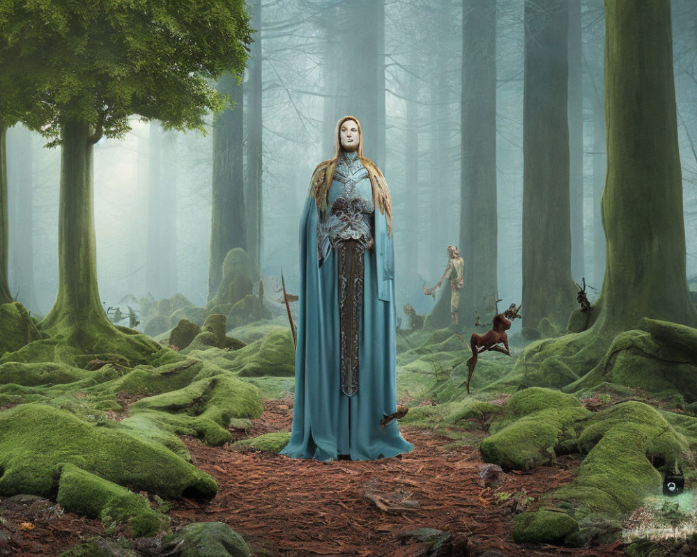 Mystical figure in blue robe in ethereal forest with deer