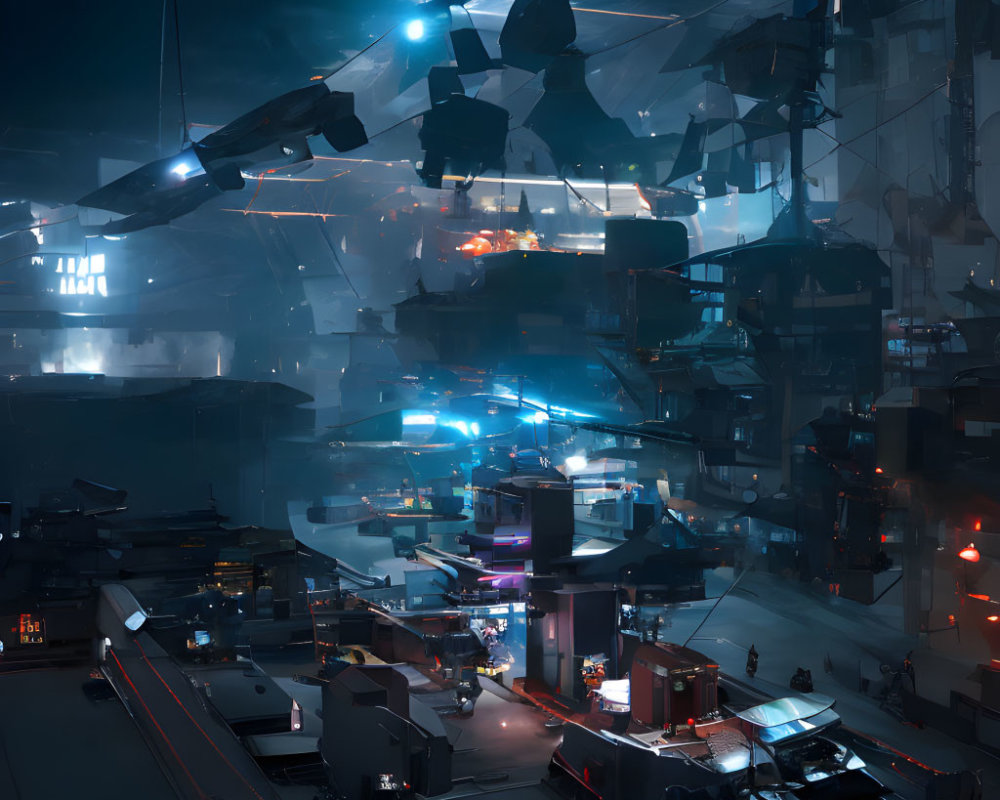 Futuristic Night Cityscape with Layered Architecture and Hover Vehicles